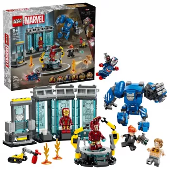 LEGO rinkinys „Marvel Iron Man's Laboratory Hall of Armor 76315“ — 384 detalės, 5 minifigūrėlės, ekspozicijos vieta