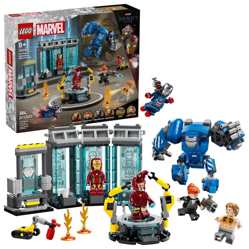 LEGO rinkinys „Marvel Iron Man's Laboratory Hall of Armor 76315“ — 384 detalės, 5 minifigūrėlės, ekspozicijos vieta