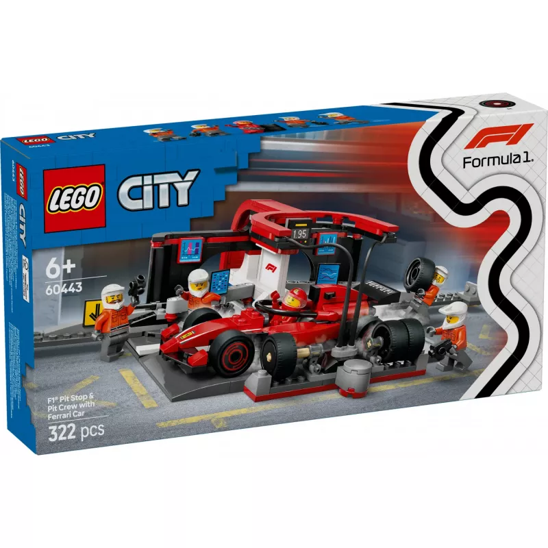 LEGO City F1 boksų sustojimo rinkinys 60443 — Ferrari F1 automobilis, 322 dalys, 5 minifigūrėlės, amžius 6+