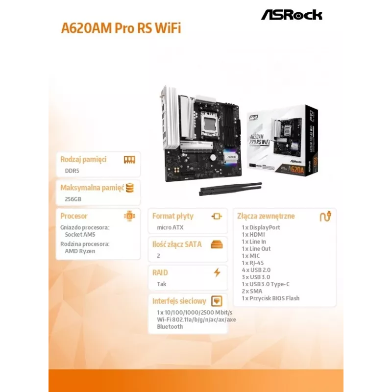 Pagrindinė plokštė ASROCK A620AM PRO RS WIFI AM5 microATX, AMD A620, 4×DDR5, Wi‑Fi, HDMI, DP, 3×M.2, 2×SATA, 7.1 garsas, 1Gb LAN