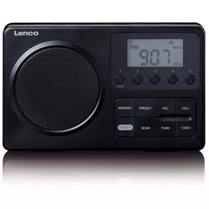 Nešiojamas radijas Lenco MPR-035BK — FM/AM, maitinimas iš tinklo ir baterijų, 2,5 colio LCD, 20 FM stočių atminties, 3,5 mm išvestis