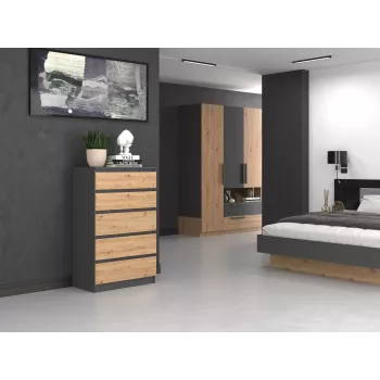 Komoda Topeshop M5 ANTRACYT/ARTISAN 5 stalčiai, antracitinis ąžuolas, 700×1095×400 mm
