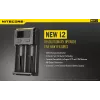 Baterijų įkroviklis Nitecore NEW i2 — 2 vietų įkroviklis LiFePO4, Li-Ion, NiMH; įėjimas 100–240 V; išėjimas 9–12 V; palaiko AAAA/C/D/AAA/AA; juodas