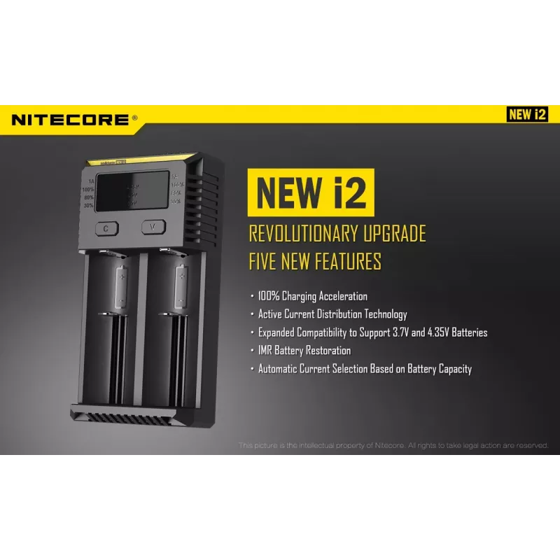 Baterijų įkroviklis Nitecore NEW i2 — 2 vietų įkroviklis LiFePO4, Li-Ion, NiMH; įėjimas 100–240 V; išėjimas 9–12 V; palaiko AAAA/C/D/AAA/AA; juodas