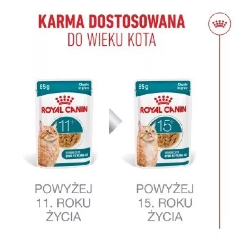 Šlapias kačių ėdalas Royal Canin FHN Ageing 11+ Gravy 12×85 g – pilnavertis drėgnas maistas vyresnio amžiaus katėms padėklėliuose