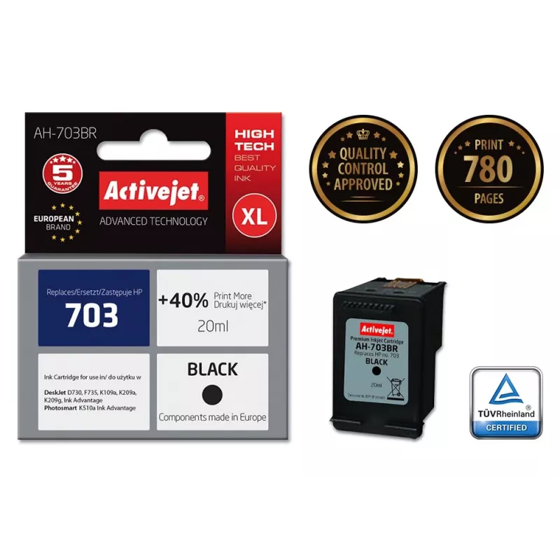 Rašalo kasetė ActiveJet AH-703BR suderinama su HP 703 CD887AE, juoda, didelė (XL) 20 ml, pigmentinis rašalas
