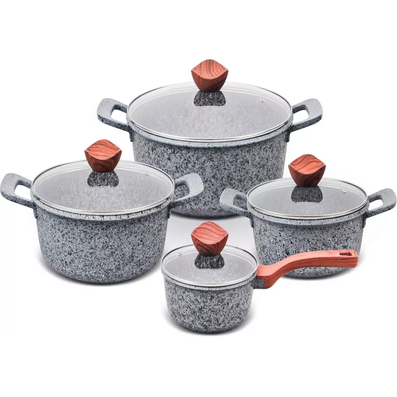 PROMIS granitinių puodų rinkinys, 16 cm puodelis ir 20, 24, 28 cm puodai, rudos rankenos