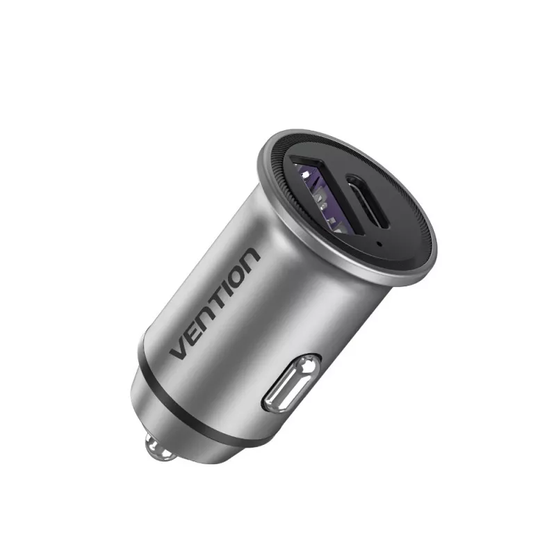 Vention dviejų prievadų USB A+A (30+30) automobilinis įkroviklis pilkas mini stiliaus aliuminio lydinio