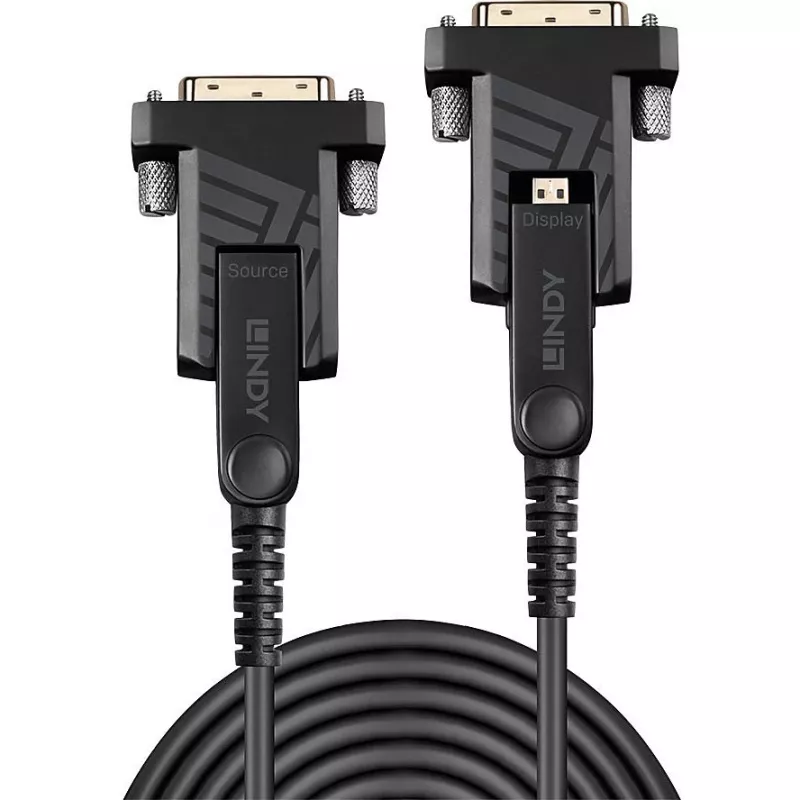 Lindy 10 m šviesolaidinis hibridinis Micro-HDMI 18G kabelis su nuimamomis HDMI ir DVI jungtimis