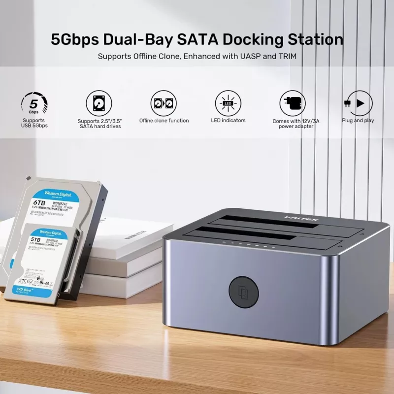 Unitek klonavimo stotis 2X SATA 2,5/3,5 USB 5GB