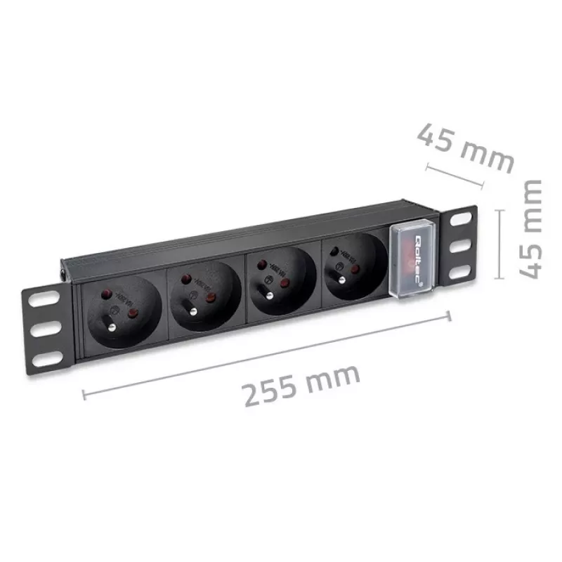 Qoltec aliumininis PDU 10'' stelui | 1U | 16A | 4xPRANCŪZIŠKI | 1,8 m