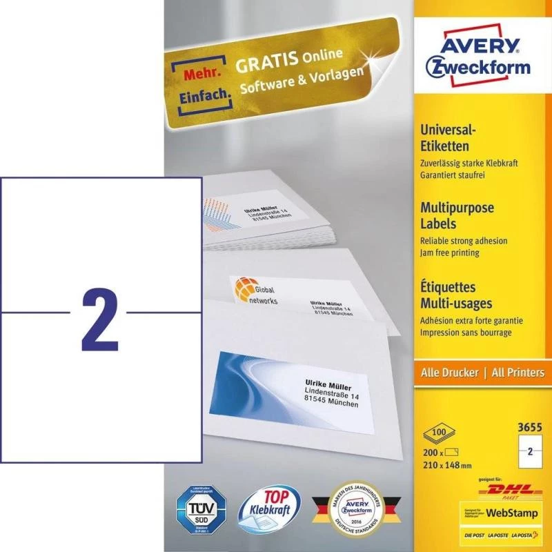 Avery 3655 lipnios etiketės Stačiakampis Nuolatinis Baltos 200 vnt.