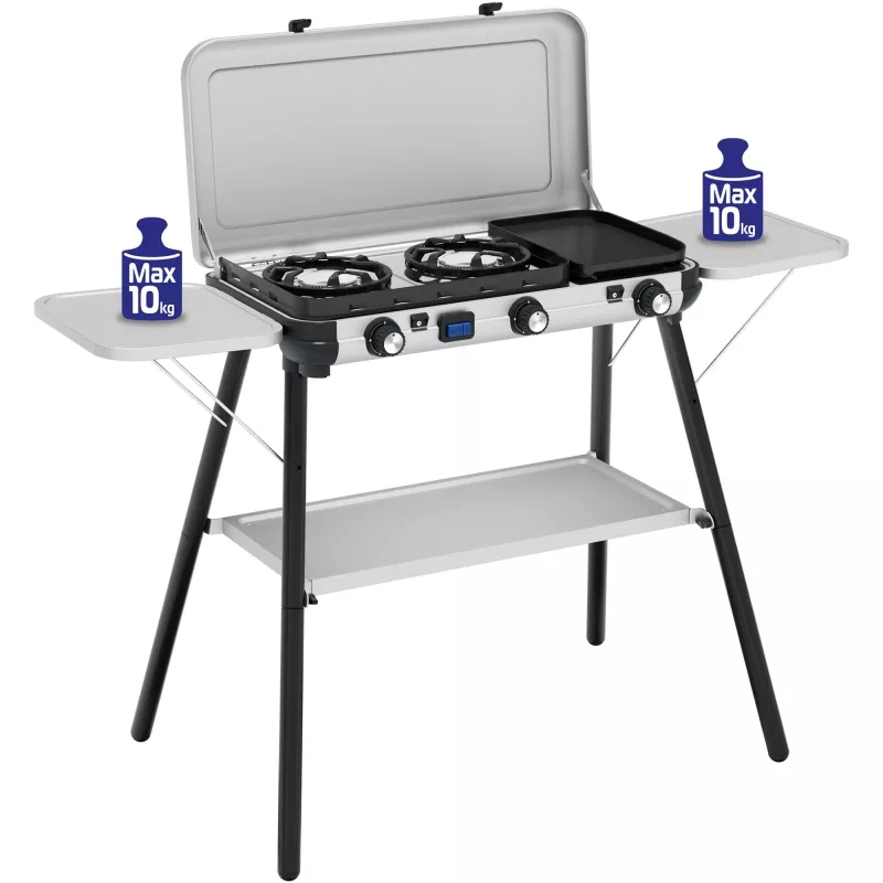 Camping Kitchen 2 Multi Cook Plus, dujinė viryklė Pilka, 2 kaitvietės 2x1,8 kW + kepimo plokštė 0,9 kW, modelis 2025
