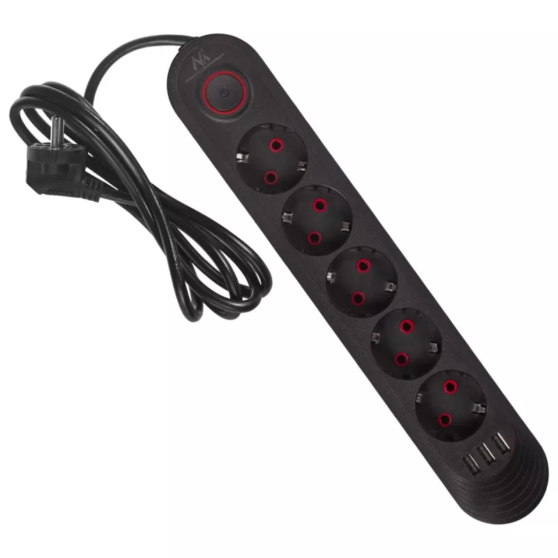 Maitinimo lizdas MACLEAN MCE395 B — 5 lizdai, 3×USB, 110–240V AC, 2,1A USB, 2500W, 1,5 m kabelis, juodas