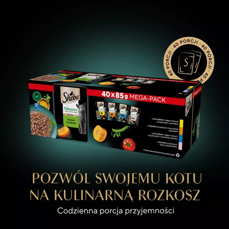 Šlapias kačių maistas Sheba Nature's Collection Mix 40×85 g maišelių pakuotė — suaugusioms katėms, pagrindinis skonis kalakutiena, drėgmė 83 %, baltymai 7,8 %