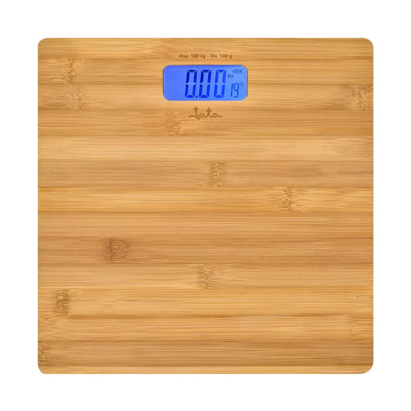 Elektroninės asmeninės svarstyklės Jata HBAS1489 — 180 kg talpa, 100 g tikslumas, 10,2 cm LCD, bambuko platforma