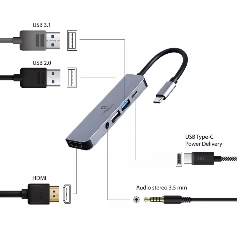 Gembird A-CM-COMBO5-02 nešiojamojo kompiuterio dokas / prievadų replikatorius, laidinis, USB 3.2 Gen 1 (3.1 Gen 1) Type-C, sidabrinis