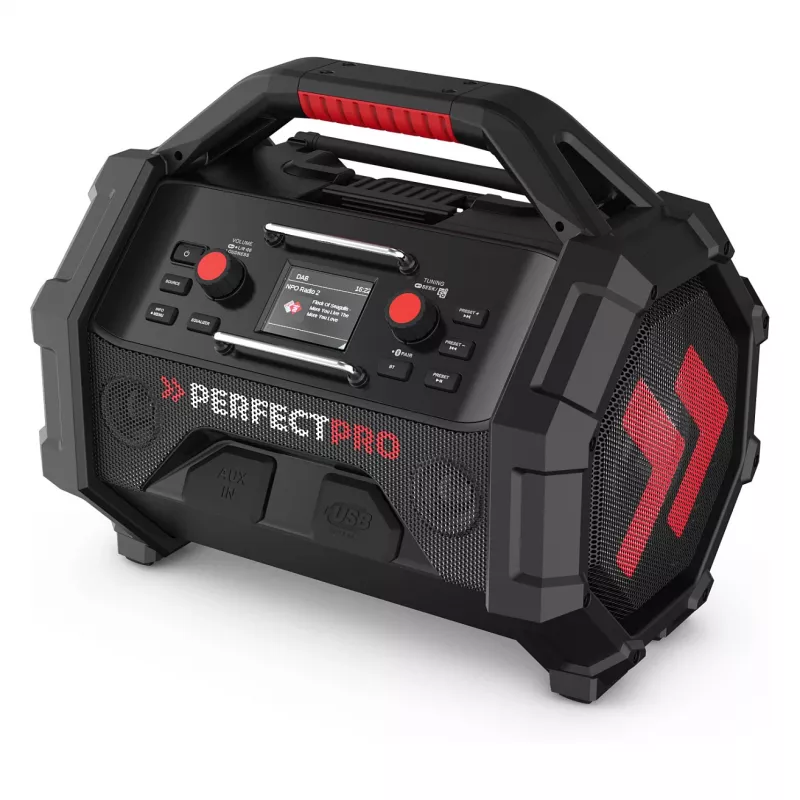 Nešiojamasis statybinis radijas PerfectPro ROCKTAGON 18V — maitinamas baterijomis skirtas statybų aikštelėms