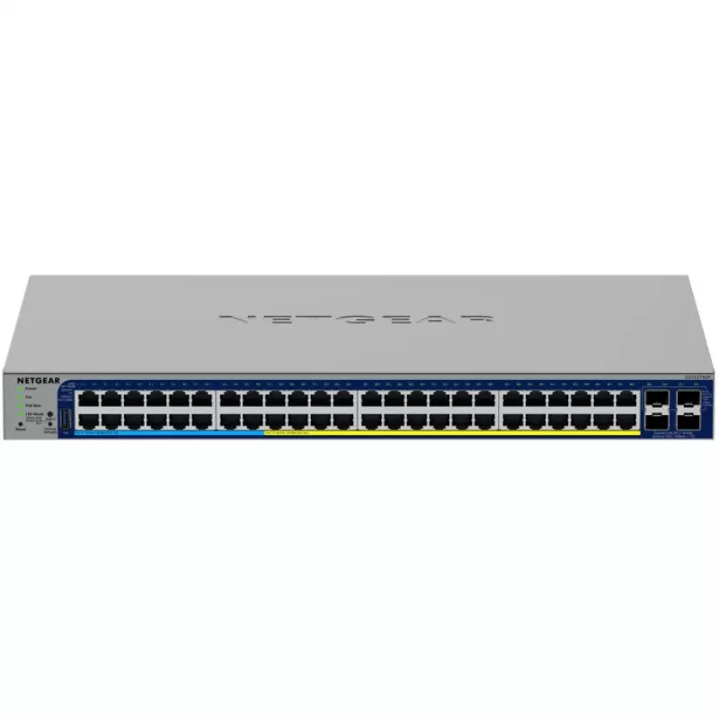 Valdomas gigabitinis PoE komutatorius NETGEAR GS752TXUP — 48× Gigabit RJ-45, 10G palaikymas, 1U stovas, 176 Gbit/s perjungimo pajėgumas