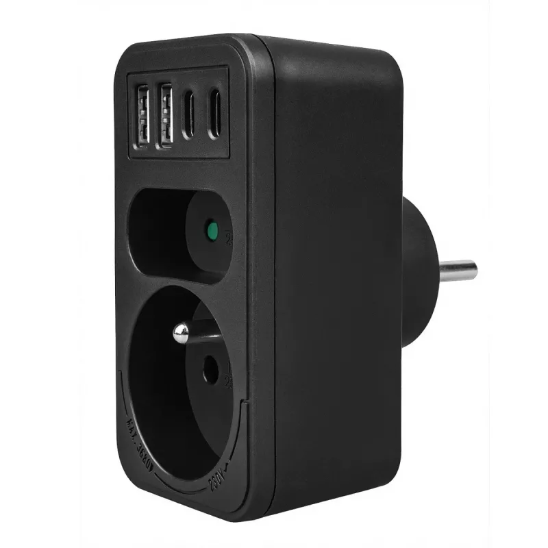 Maitinimo skirstytuvas MACLEAN MCE249 F/B — 2 kintamosios srovės lizdai (16A + 6A) su 2×USB-A ir 2×USB-C PD 20W, EU kištukas, juodas