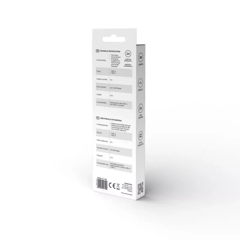 USB 2.0 laidas SAVIO CL-168, USB A (kištukas) į USB C (kištukas), 3 m, baltas