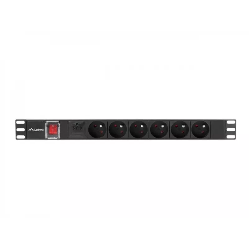 Maitinimo skirstymo įrenginys LANBERG PDU-06E-0200-BK — 6x E tipo lizdai, 16 A, 2 m kabelis, 1U stovas, 220–250 V