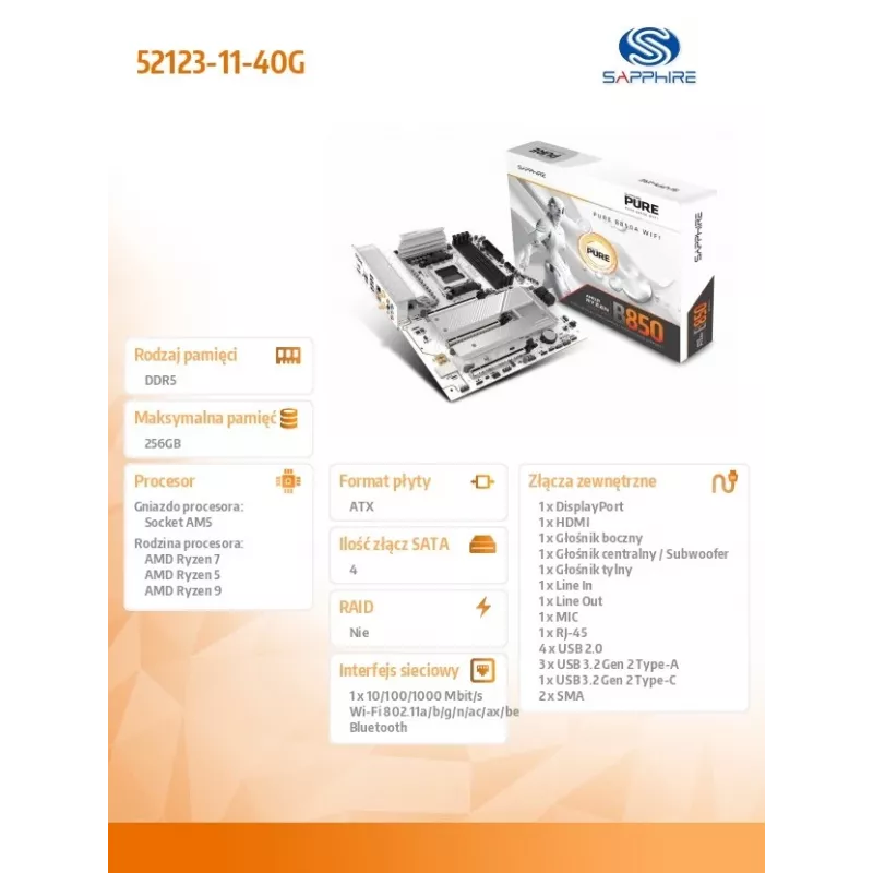 Pagrindinė plokštė Sapphire PURE B850A WIFI7 ATX — B850 mikroschemų rinkinys, „Wi‑Fi 7“, DDR4 palaikymas
