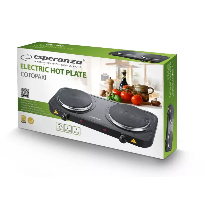 Stalinė elektrinė kaitlentė ESPERANZA EKH010K — juoda, 2 zonų, 155 mm, 2000 W, sukamosios rankenėlės