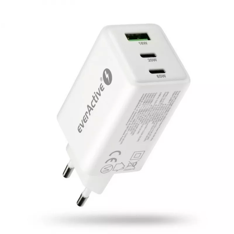 Maitinimo įkroviklis everActive SQ-655Q 65W, 1×USB-A + 2×USB-C greitasis įkrovimas