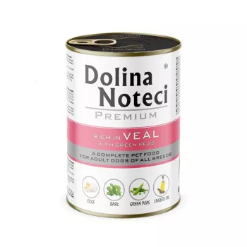 Dolina Noteci Premium drėgnas šunų ėdalas, daug veršienos, su žaliaisiais žirneliais, 400 g