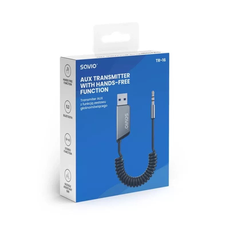 Savio TR-16 siųstuvas AUX adapteris su laisvų rankų funkcija, Bluetooth 5.3, Google Assistant/Siri