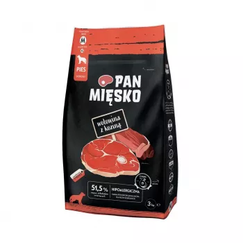 Sausas šunų ėdalas Pan Miesko su jautiena ir ožkiena suaugusiems šunims, 3 kg — 30% baltymų, 20% riebalų, be glitimo