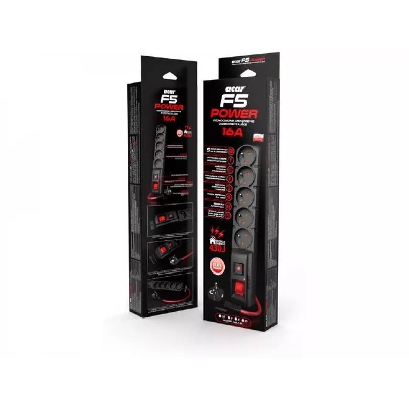 ACAR F5 POWER Juoda 5 kintamosios srovės lizdai 230 V 3 m
