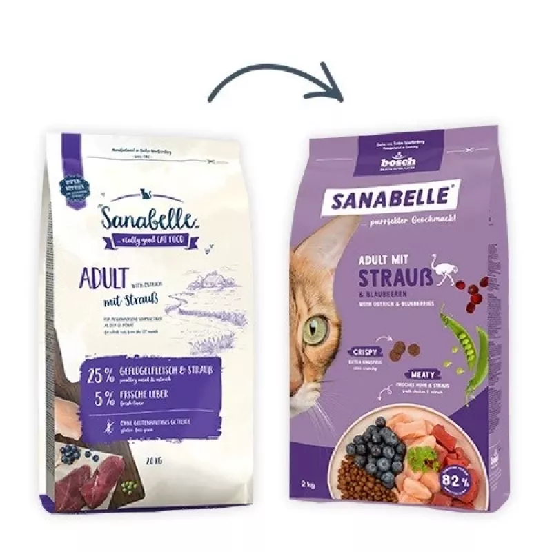 Sausas kačių maistas Bosch Sanabelle Life Adult – strutiena ir mėlynės, 8 kg, 31% baltymų, 16% riebalų
