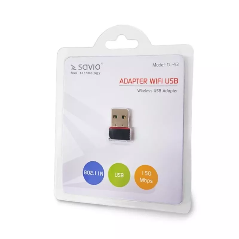 Belaidis USB tinklo adapteris SAVIO CL-43 Wi‑Fi 4 (802.11n) 150 Mbit/s, Realtek RTL8188CU, juodas
