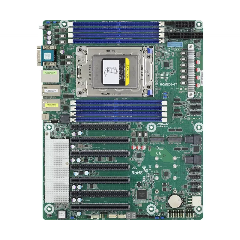 Pagrindinė plokštė ASRock ROMED8-2T ATX, skirta AMD EPYC LGA 4094, 8× DDR4 DIMM, aštuonių kanalų, 2× M.2, 8× SATA III, 10GbE, 3× RJ-45