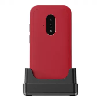 „Doro Leva E22“ mygtukinis telefonas, atverčiamas, 2,8 colio (7,11 cm) ekranas, viena SIM, 0,3 MP kamera, 1150 mAh, 127,8 g, raudona/baltas