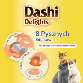 Šlapias kačių skanėstas INABA Dashi Delights vištienos su lašiša sultinyje 70 g – žuvies skanėstas, be grūdų, sojos ir glitimo