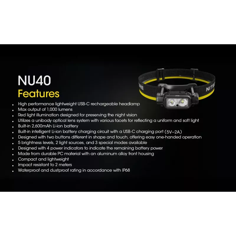 Priekiniai žibintuvėliai su dirželiu Nitecore NU40 juodas LED 2 lempos IP68