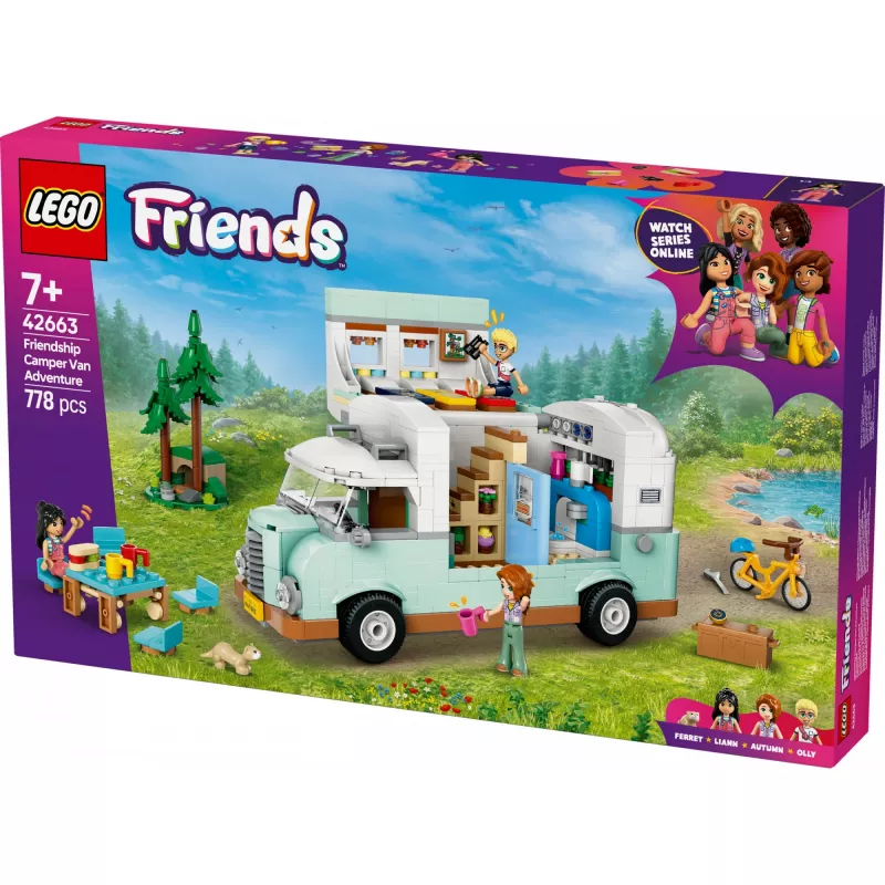 LEGO Motor Home rinkinys 42663 — LEGO Friends kemperis, 778 dalys, 3 mini lėlės, amžius 7+