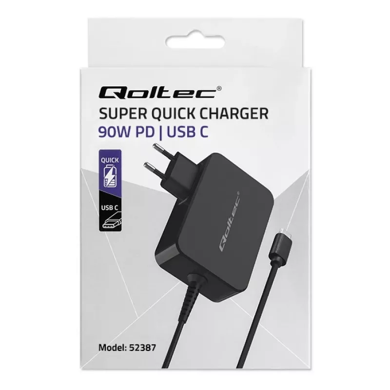 GaN maitinimo adapteris QOLTEC 52387 90W 1x USB-C 5–20V