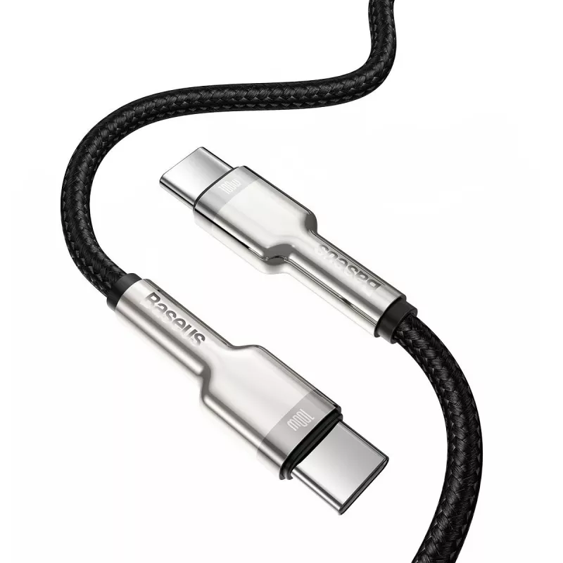 USB‑C į USB‑C kabelis Baseus Cafule Metal — 2 m, 100W įkrovimas, USB 2.0 (480 Mbps), cinkuoti kontaktai, juodas