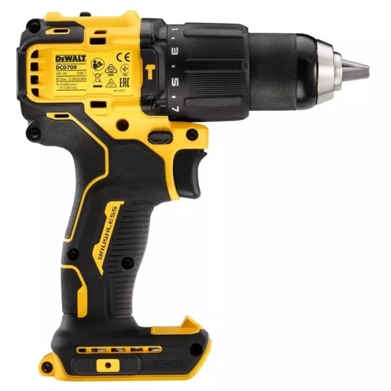 Belaidis grąžtas DeWALT DCD709N-XJ, bešepetėlis 18 V, 2 greičių, 1650 aps./min., 65 N·m, begriebis griebtuvas 1,5–13 mm, 1,2 kg