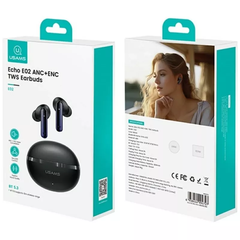 Bluetooth ausinės Usams TWS E02 ANC+ENC juodos