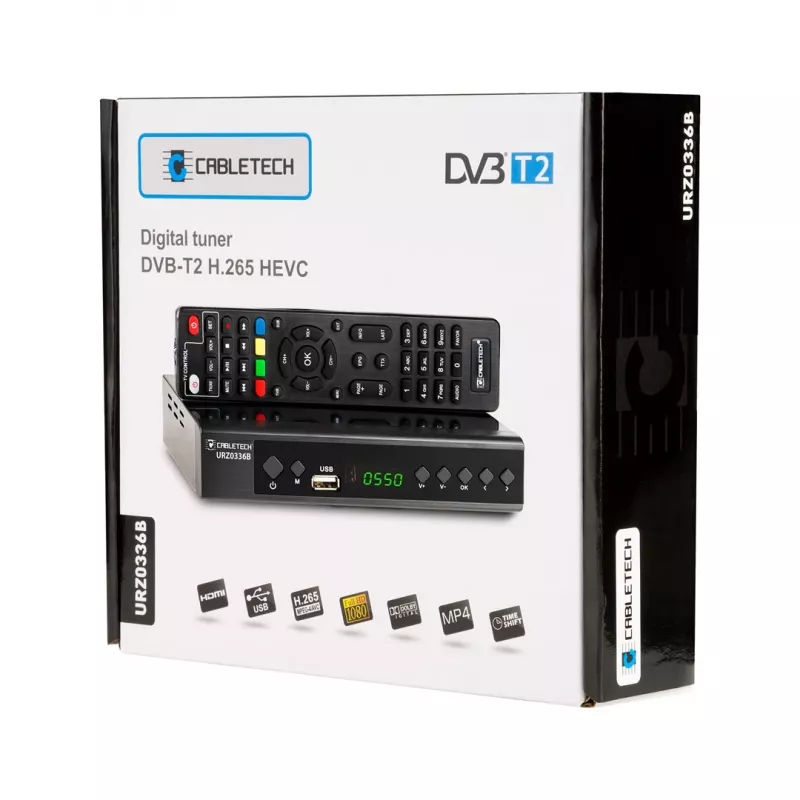 Skaitmeninės TV imtuvas Cabletech URZ0336C DVB-T/T2 H.265 anteninis tiuneris, 470–862 MHz, 1 tiuneris, HDMI, USB, SCART