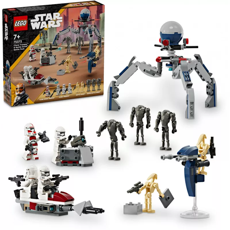 LEGO Star Wars klonų karių ir mūšio droidų mūšio paketas statybiniai žaislai vaikams su greitaeigiu motociklu, transporto priemone, 4 mini figūrėlėmis ir 5 figūromis, dovana berniukams
