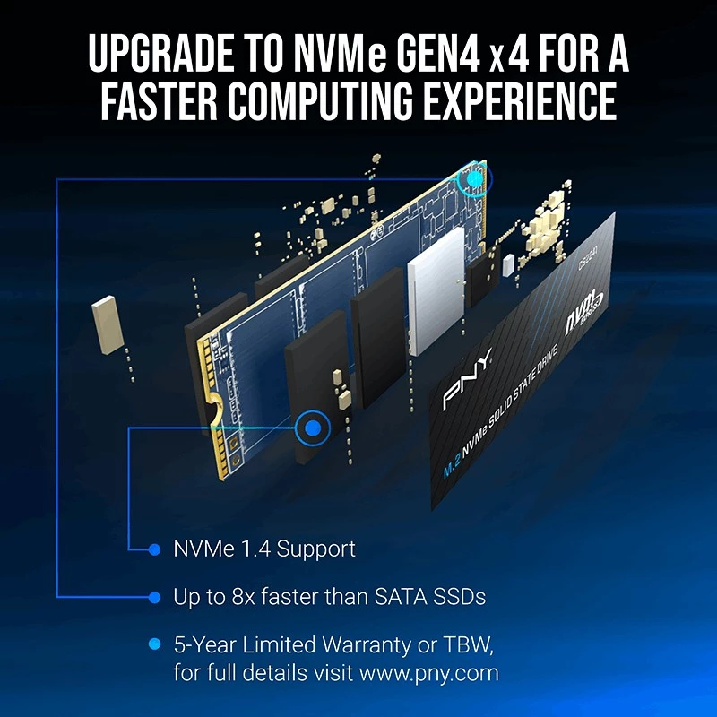 SSD PNY CS2241 M.2 NVMe PCIe 4.0 1TB — skaitymas 5100 MB/s, rašymas 3200 MB/s