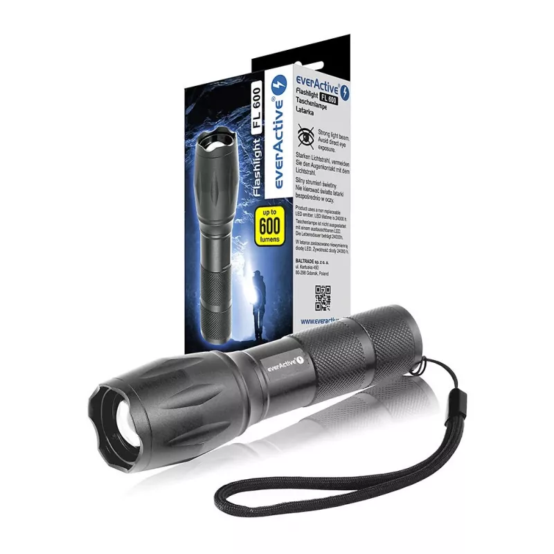 Žibintuvėlis everActive FL600 — 600 lm, 10 W, aliuminio korpusas, IPX4, 130 mm, 3×AAA, raudonas