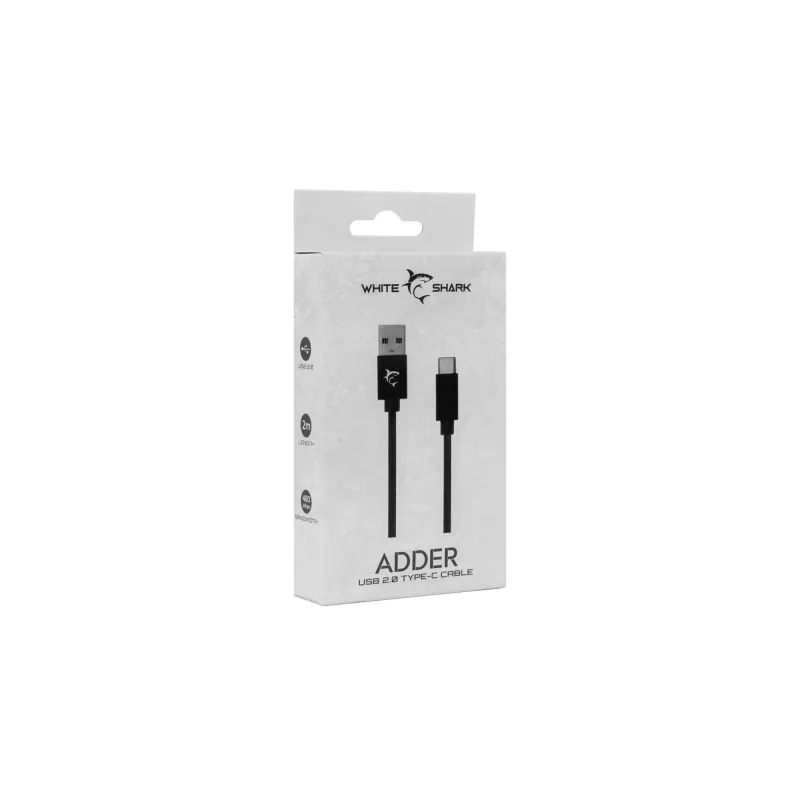 USB į USB-C kabelis White Shark Adder 2 m — įkrovimo ir duomenų perdavimo kabelis, baltas