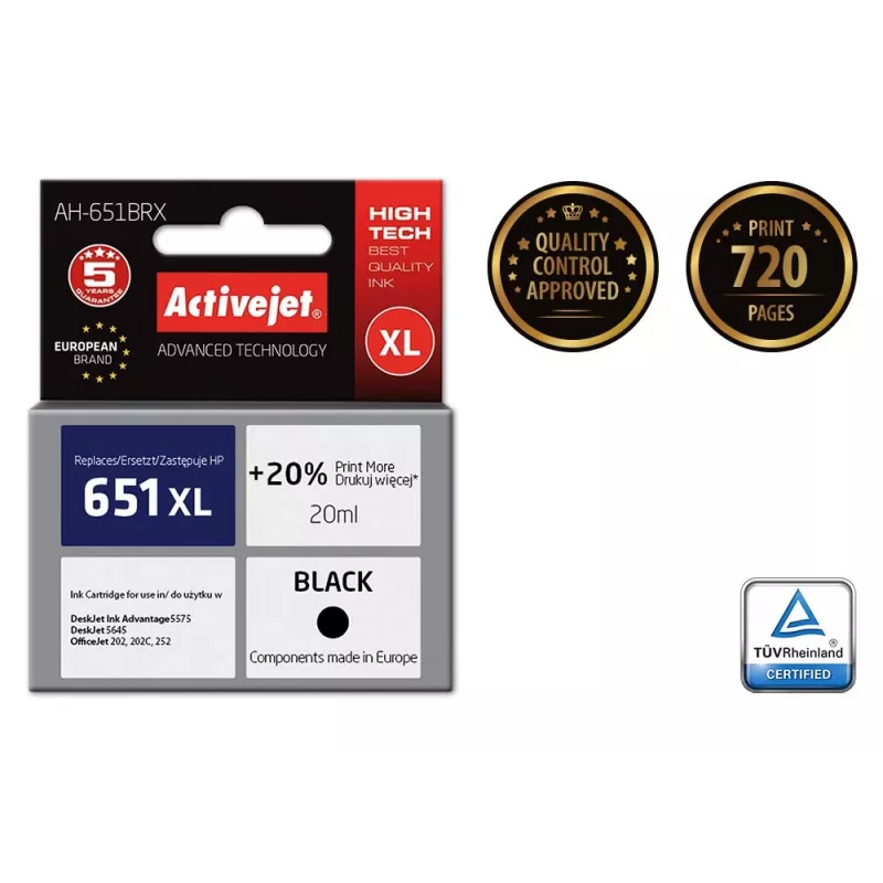 Activejet AH-651BRX rašalas (pakaitalas HP 651 C2P10AE; Premium; 20 ml; juodas)